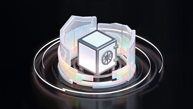 3d isometric digital safe with holographic data shield and glowing interface, secure cloud storage and cyber security technology concept with protected silver vault on dark platform