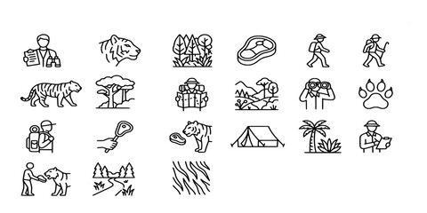 icon sheet collection of tiger conservation, field research, jungle trekking, wildlife monitoring, and habitat exploration equipment for professional rangers and biologists. © Raka Firdaus 