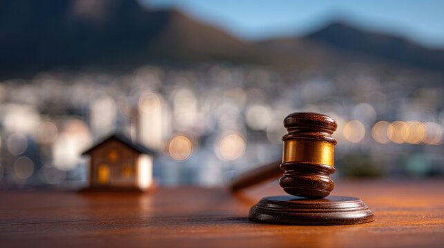 A wooden gavel with a metal band, symbolizing justice and legal proceedings, resting on a wooden surface with blurred background