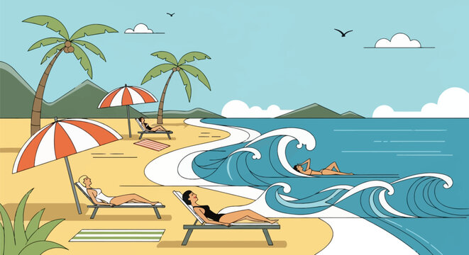 Mid-century modern vector illustration of women sunbathing on lounge chairs at a tropical beach with palm trees, orange striped umbrellas, and curling ocean waves against mountains.