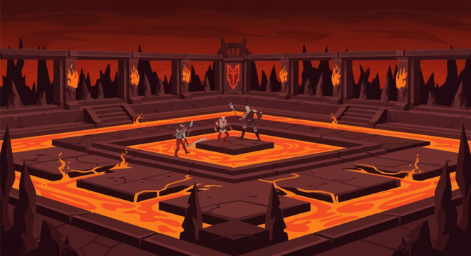 Vector illustration of a fantasy battle arena in a hellish underworld landscape featuring warriors fighting on stone platforms surrounded by flowing rivers of molten lava and fire.
