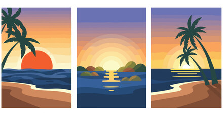 Obraz premium Tropical beach sunset triptych flat vector illustration set