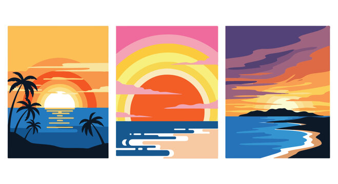 Minimalist tropical sunset beach landscape vector illustration set