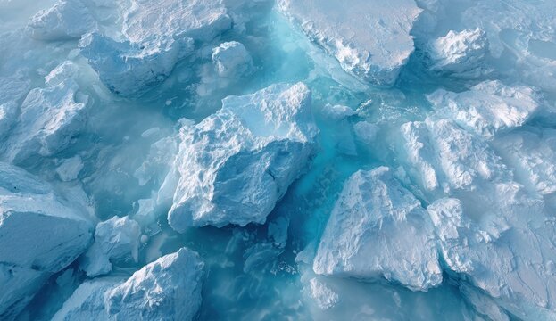 Blue ice floes in ocean water showing vibrant textures and natural patterns