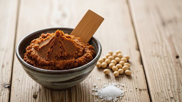 A bowl of miso paste with a wooden spoon on a rustic table