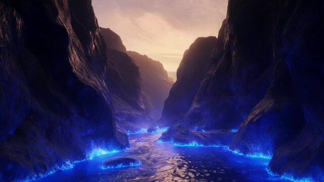黄金時間・峡谷を流れるインディゴプラズマの川と発光する岩壁の静寂
