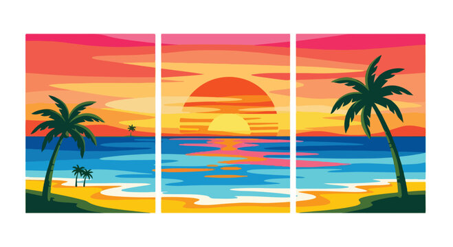 Tropical Beach Sunset Triptych Illustration with Palm Trees