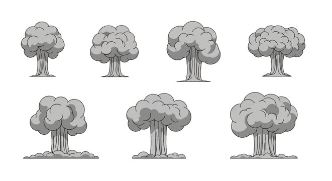 Set of seven grayscale cartoon smoke explosion vectors and mushroom cloud blast effects isolated on a white background, featuring puffy cloud formations and rising columns.
