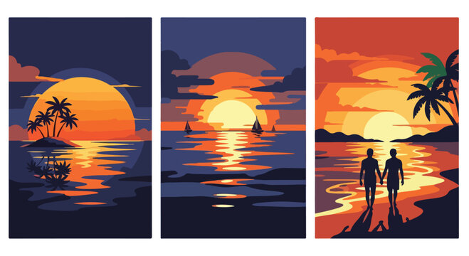 Tropical sunset beach landscape vector illustration triptych