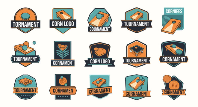 Vector set of cornhole tournament logos and badges featuring wooden boards, bean bags, and corn stalks in vintage shield and banner designs with teal, orange, and navy blue color palette.