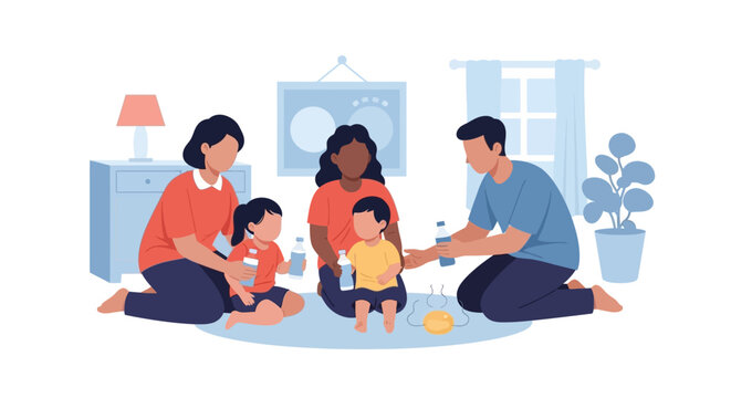 Diverse parents and toddlers playing together on the floor. EPS Editable. Vector Illustrations.