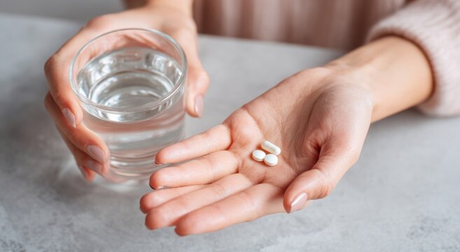 Doctor's hand holding a glass of water and a pill for medication intake