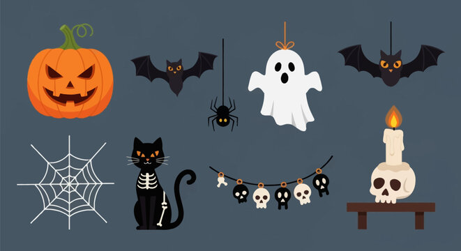 Set of flat vector Halloween icons including a carved orange jack-o'-lantern, black flying bats, a hanging white ghost, a skeleton cat, a spider web, and a skull with a candle.