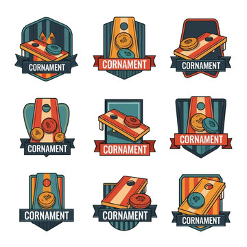 Set of nine vector cornhole tournament logo emblems featuring wooden toss boards and bean bags on shield-shaped crests with CORNAMENT text banners in a vintage color palette.