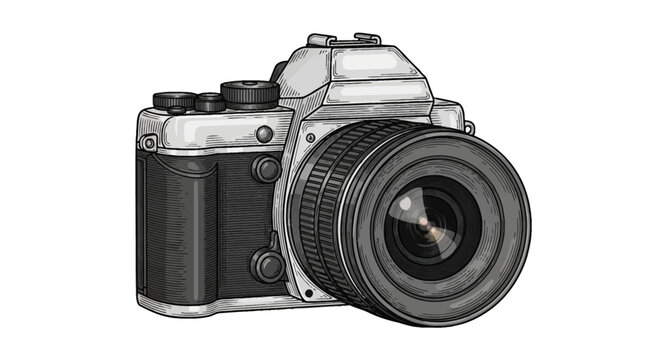Vintage style engraving of a modern digital SLR camera with professional lens, detailed etching and cross-hatching line art illustration isolated on white background for design.