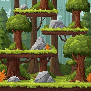 2D cartoon forest game background featuring tiered wooden platforms with green grass, grey boulders, tall tree trunks, and leafy foliage for side-scroller video game level design.