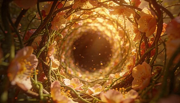 Flower tunnel floral arch golden light fantasy nature blossom petal dreamy garden magical atmosphere spring season romantic scene circular tunnel flower blossom petal branch swirl botanical fantasy