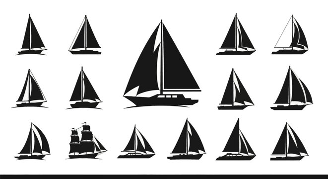 Set of fourteen black silhouette icons representing different types of sailing boats and yachts. Nautical marine vessel shapes including sailboats, clippers, and modern sloops.