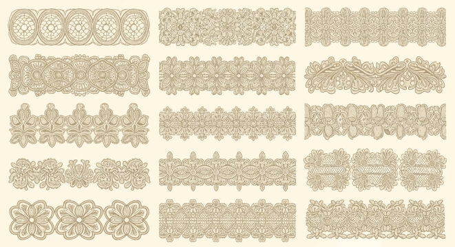 Set of fifteen decorative vintage lace border designs featuring intricate beige embroidery, floral motifs, scalloped edges, and geometric netting patterns on a neutral background.