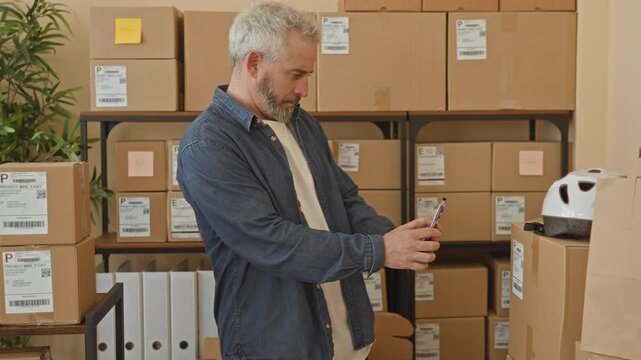 Man tapping smartphone screen while checking shipping labels beside stacked parcels and cardboard boxes on metal shelving in a building; small business focus.