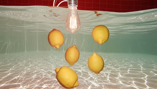 Lemons submerged underwater near light bulb with red tile wall background