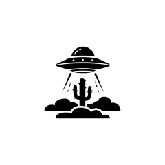 A black and white illustration of a UFO abducting a cactus in the desert © Muzaki