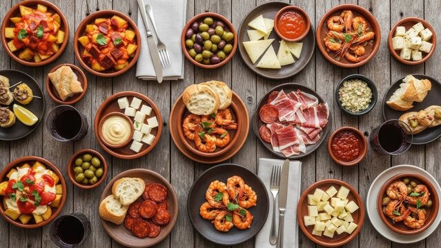 A beautifully arranged selection of tapas dishes on a rustic wooden table