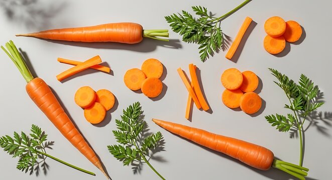 Top view of whole and sliced fresh orange carrots with green leaves on a grey background. wortel