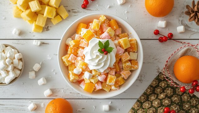 White bowl on wooden table with Ambrosia Salad featuring pineapple, mandarin oranges, yogurt, mini marshmallows, coconut, and whipped cream, alongside ingredients, overhead view.