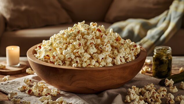 A bowl of dill pickle-flavored popcorn on the table.