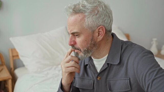 Middle age man with grey hair touches lower lip with index finger and furrows brow while seated on bed in building; quiet concern.