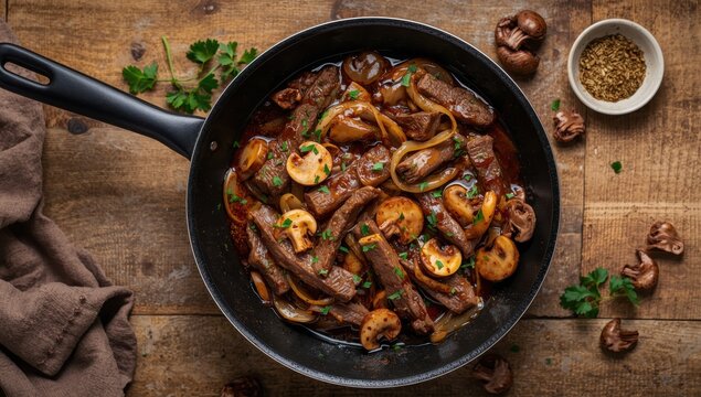 Beef stroganoff preparation - saut&eacute;ed mushrooms and onions. Aerial view.