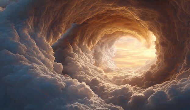 Cloud formation resembling a spiral tunnel with golden light illuminating the edges, creating a surreal, atmospheric scene in the sky