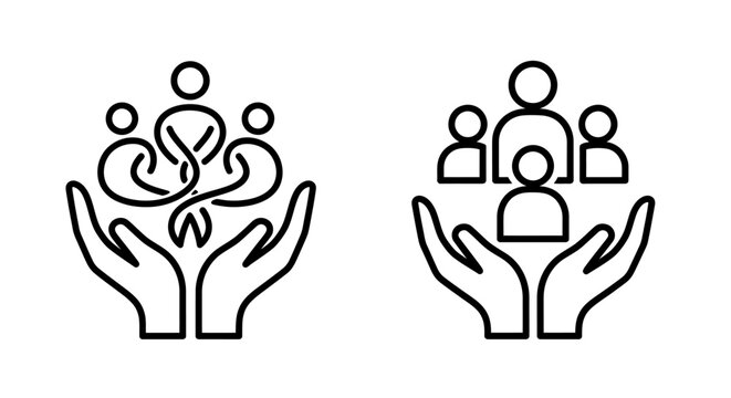 Symbolic hands cradle groups of people representing community support and social care.