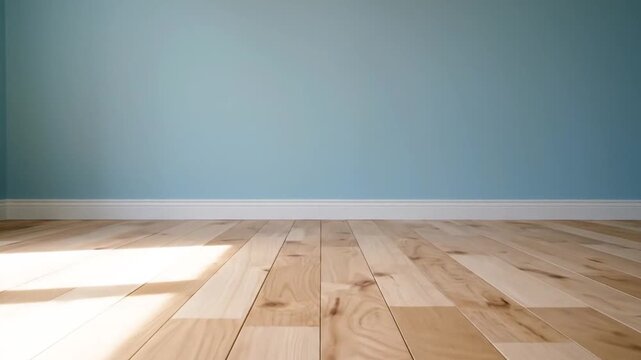 Empty modern room with light blue walls and natural light on wooden floors