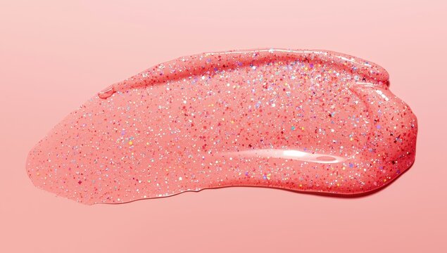 Clear lip gloss with holographic shimmer. Blurred makeup sample.