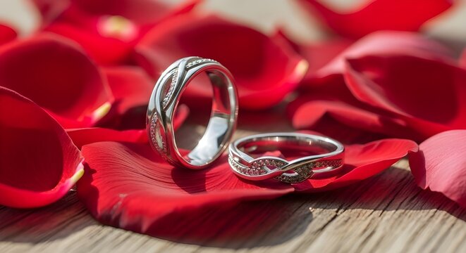 Cincin pertunangan, cincin pasangan, wedding rings on red rose