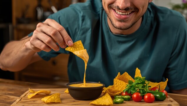 Corn tortilla chips with cheddar dip from Tex-Mex cuisine.
