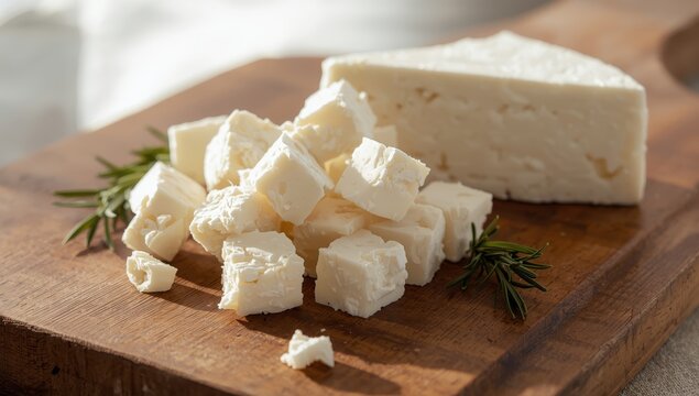 Cubed feta on a wooden board, side view, blurred focus.