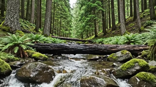 Forest stream with mossy rocks.