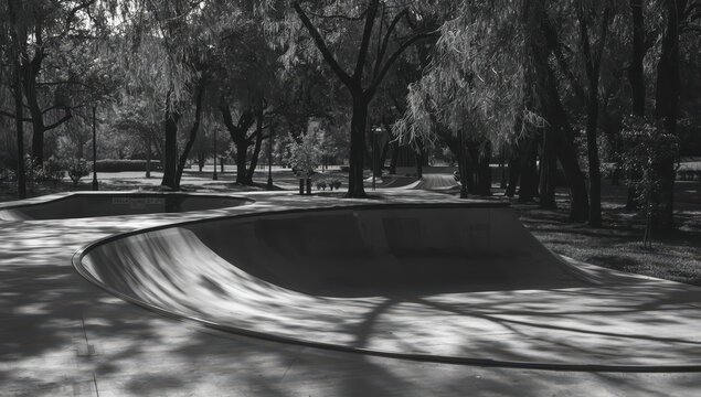 Desolate skatepark halfpipe, monochrome skateboard.