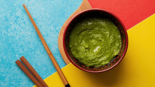 Dish of wasabi and chopsticks on vibrant backdrop