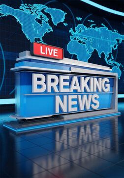 Breaking news live broadcast studio background, professional television newsroom with world map, blue digital media set for journalism