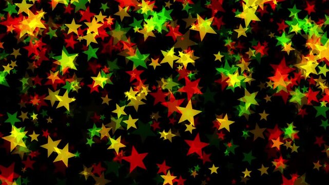 Stars floating down in bold red, yellow, and green colors on black background for Juneteenth, or Freedom Day, to commemorate the ending of slavery on June 19th 1865 in the United States of America.