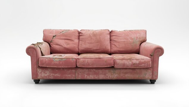 Isolated old, dirty pink couch on white background.