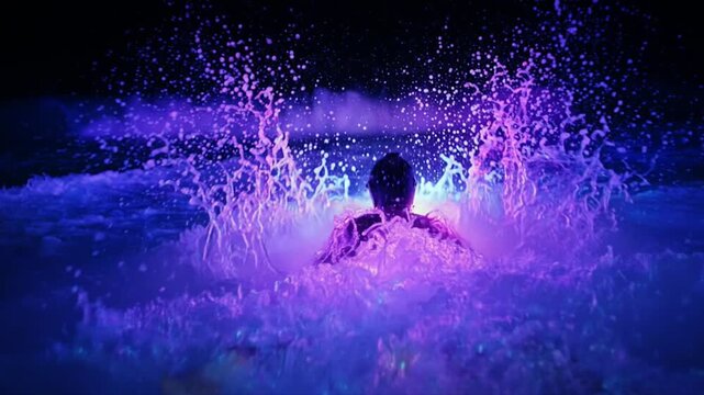 発光する嵐の海を泳ぐ一人称映像・マゼンタとパープルの粒子が渦巻く