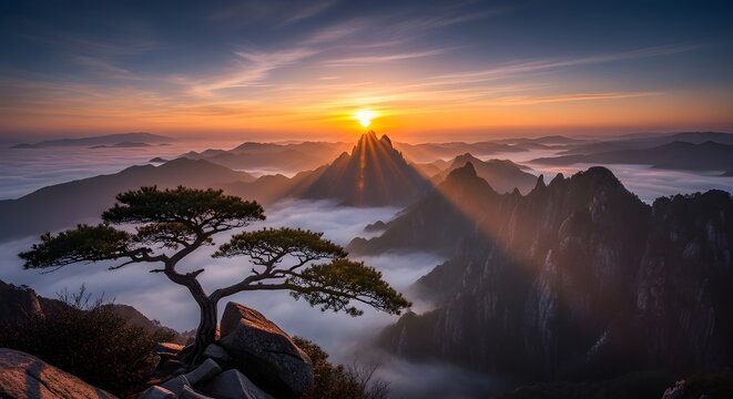 Matahari, pohon, gunung, awan, sunset in the mountains