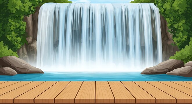 Tropical Waterfall with Wooden Deck Platform Illustration