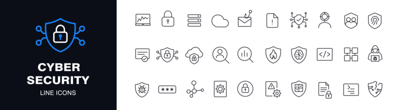 Cyber security line icons set featuring minimal vector symbols, modern outline style, and clean design. Perfect for apps, UI design, web security projects, tech interfaces, and digital branding.	
