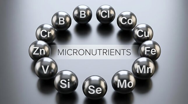 Collection of metallic spheres labeled with essential micronutrient chemical symbols